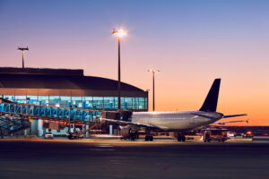 Airport at the colorful sunset