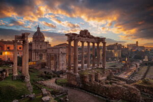 Rome, Italy at the historic Roman Forum Ruins