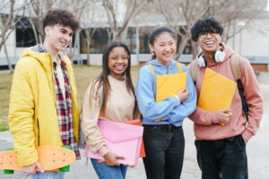 Multicultural College Student friends in the University Campus. International Exchange students