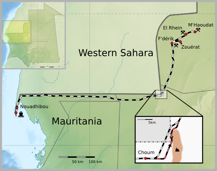 mapa da rota do trem de min&eacute;rio de Mauritania