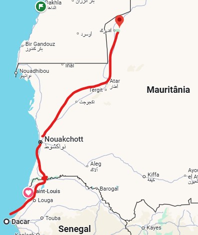 Rota para chegar em Zou&eacute;rat partindo de Dakar, Senegal. Mapa ilustrando o trajeto.
